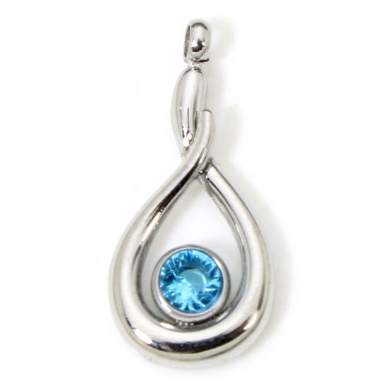 Picture of 1 Piece Eco-friendly 304 Stainless Steel Stylish Charms Silver Tone Drop Hollow Blue Rhinestone 18mm x 8.5mm