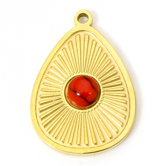 Immagine di 1 Piece Eco-friendly Vacuum Plating 304 Stainless Steel & Stone Stylish Charms Gold Plated Red Drop Sunshine 18mm x 13mm