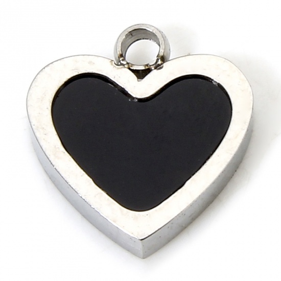 Immagine di 1 Piece Eco-friendly 304 Stainless Steel & Acrylic Simple Charms Silver Tone Black Heart 8.5mm x 8mm