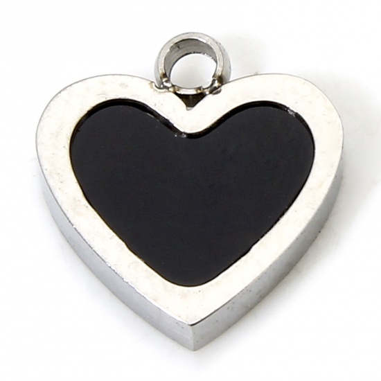 Bild von 1 Stück Umweltfreundlich 304 Edelstahl & Acryl Einfach Charms Herz Silberfarbe Schwarz 8.5mm x 8mm