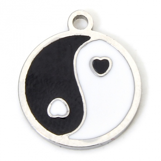Immagine di 1 Piece Eco-friendly 304 Stainless Steel Religious Charms Silver Tone Black & White Round Yin Yang Symbol Enamel 12mm x 10.5mm