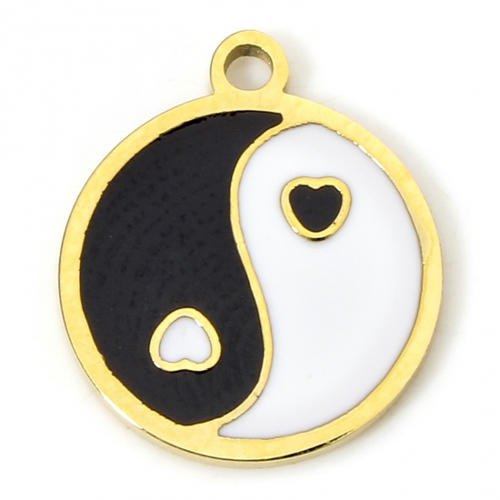 Immagine di 1 Piece Eco-friendly Vacuum Plating 304 Stainless Steel Religious Charms Gold Plated Black & White Round Yin Yang Symbol Enamel 12mm x 10.5mm