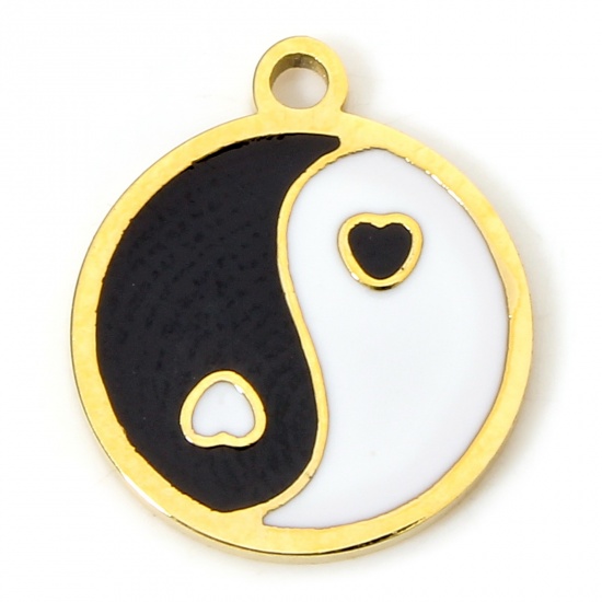 Picture of 1 Piece Eco-friendly Vacuum Plating 304 Stainless Steel Religious Disc Charms Gold Plated Black & White Round Yin Yang Symbol Enamel 12mm x 10.5mm