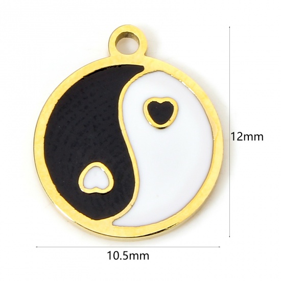 Picture of 1 Piece Eco-friendly Vacuum Plating 304 Stainless Steel Religious Disc Charms Gold Plated Black & White Round Yin Yang Symbol Enamel 12mm x 10.5mm