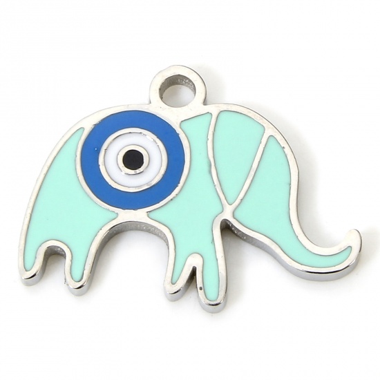 Picture of 1 Piece Eco-friendly 304 Stainless Steel Cute Charms Silver Tone Blue & Green Elephant Animal Eye Enamel 16mm x 11.5mm
