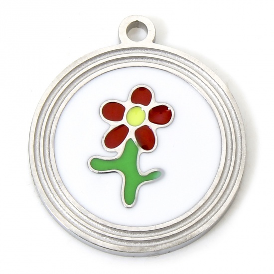 Immagine di 1 Piece Eco-friendly 304 Stainless Steel Simple Charms Silver Tone Multicolor Round Flower Enamel 16mm x 14mm
