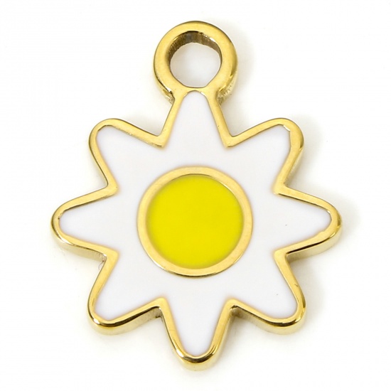 Picture of 1 Piece Eco-friendly Vacuum Plating 304 Stainless Steel Stylish Charms Gold Plated White & Yellow Sunflower Enamel 16mm x 13mm