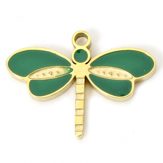 Picture of 1 Piece Eco-friendly Vacuum Plating 304 Stainless Steel Stylish Charms Gold Plated Green Dragonfly Animal Enamel 16mm x 11.5mm