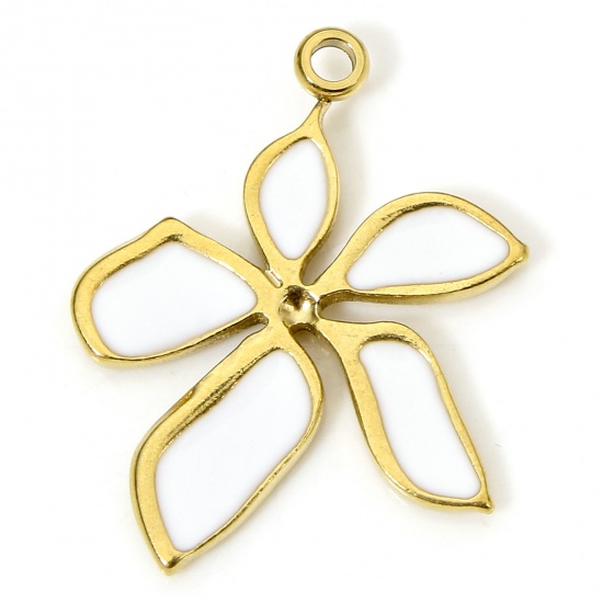 Picture of 1 Piece Eco-friendly Vacuum Plating 304 Stainless Steel Stylish Charms Gold Plated White Flower Enamel 22.5mm x 18mm