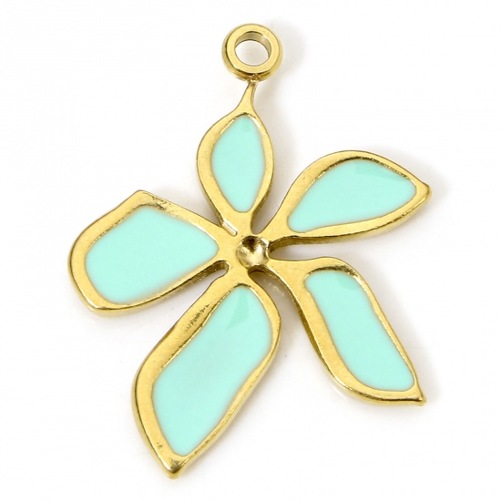 Picture of 1 Piece Eco-friendly Vacuum Plating 304 Stainless Steel Stylish Charms Gold Plated Green Flower Enamel 22.5mm x 18mm