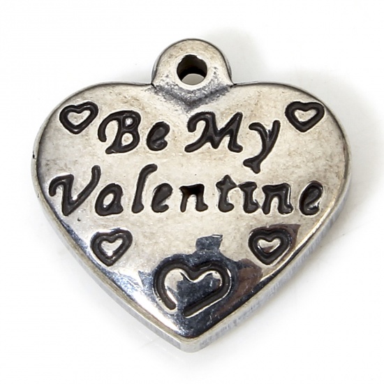 Immagine di 1 Piece Eco-friendly 304 Stainless Steel Retro Charms Gunmetal Heart Message " Be My Valentine " 13mm x 12.5mm