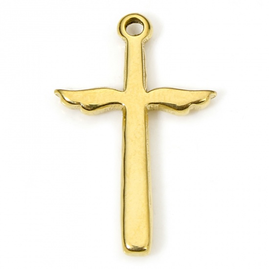 Picture of 1 Piece Eco-friendly Vacuum Plating 304 Stainless Steel Religious Charms Gold Plated Cross Wing 19.5mm x 12.5mm