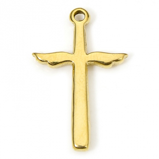 Immagine di 1 Piece Eco-friendly Vacuum Plating 304 Stainless Steel Religious Charms Gold Plated Cross Wing 19.5mm x 12.5mm