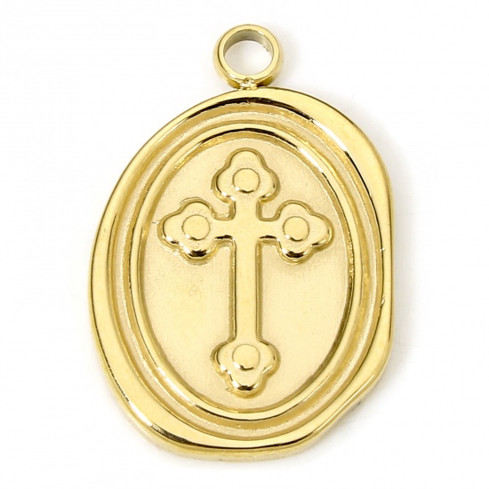 Immagine di 1 Piece Eco-friendly Vacuum Plating 304 Stainless Steel Religious Charms Gold Plated Oval Cross 18.5mm x 12.5mm