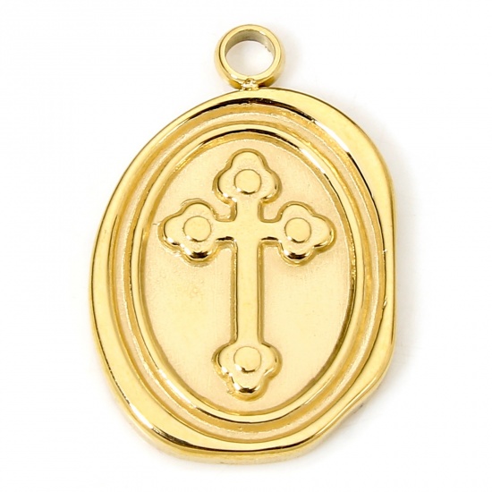 Picture of 1 Piece Eco-friendly Vacuum Plating 304 Stainless Steel Religious Charms Gold Plated Oval Cross 18.5mm x 12.5mm
