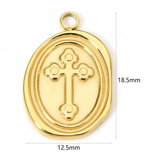 Picture of 1 Piece Eco-friendly Vacuum Plating 304 Stainless Steel Religious Charms Gold Plated Oval Cross 18.5mm x 12.5mm