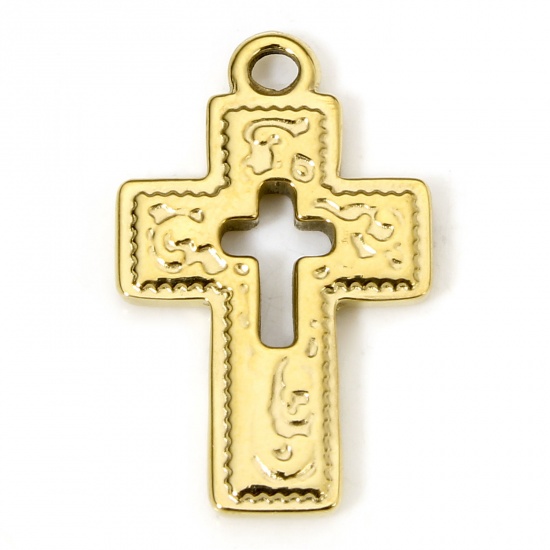 Immagine di 1 Piece Eco-friendly Vacuum Plating 304 Stainless Steel Religious Charms Gold Plated Cross Carved Pattern Hollow 24.5mm x 15mm