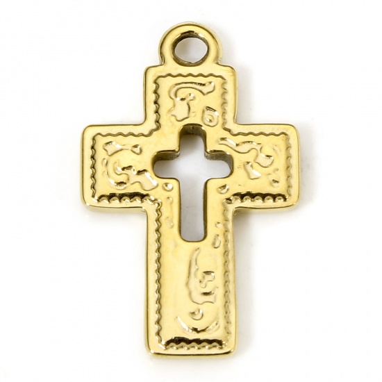 Picture of 1 Piece Eco-friendly Vacuum Plating 304 Stainless Steel Religious Charms Gold Plated Cross Carved Pattern Hollow 24.5mm x 15mm