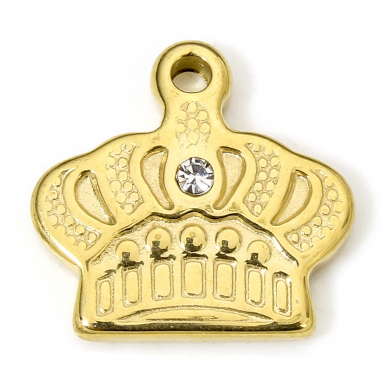Picture of 1 Piece Eco-friendly Vacuum Plating 304 Stainless Steel Stylish Charms Gold Plated Crown Clear Rhinestone 15mm x 14.5mm