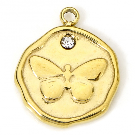 Picture of 1 Piece Eco-friendly Vacuum Plating 304 Stainless Steel Insect Charms Gold Plated Round Butterfly Clear Rhinestone 15.5mm x 12.5mm