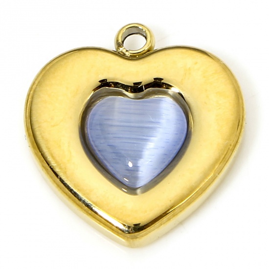 Immagine di 1 Piece Eco-friendly Vacuum Plating 304 Stainless Steel & Stone Stylish Charms Gold Plated Light Blue Heart Cat's Eye Imitation 14.5mm x 13.5mm