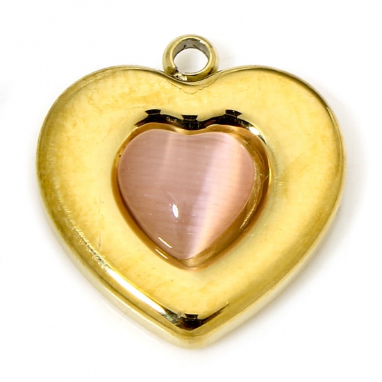 Immagine di 1 Piece Eco-friendly Vacuum Plating 304 Stainless Steel & Stone Stylish Charms Gold Plated Light Pink Heart Cat's Eye Imitation 14.5mm x 13.5mm