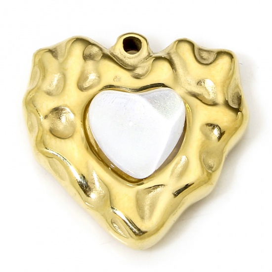 Immagine di 1 Piece Eco-friendly Vacuum Plating 304 Stainless Steel Hammered Charms Gold Plated Heart White Rhinestone 19mm x 18.5mm