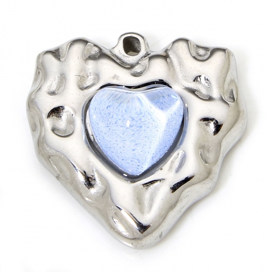 Immagine di 1 Piece Eco-friendly 304 Stainless Steel Hammered Charms Silver Tone Heart Light Blue Rhinestone 19.5mm x 18.5mm