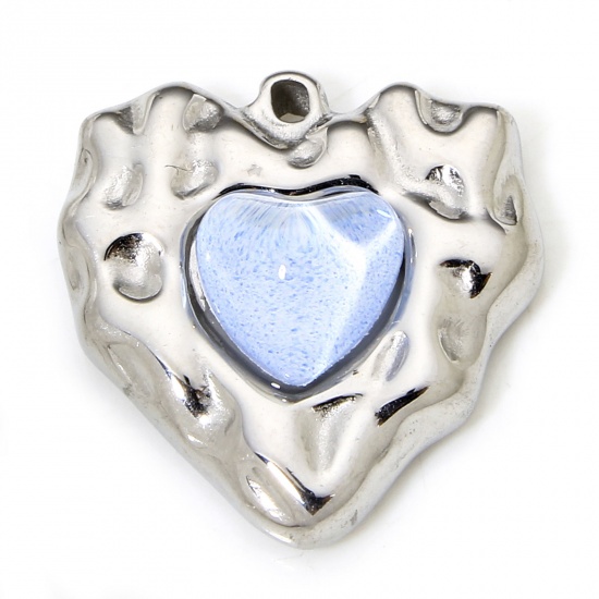Imagen de 1 Unidad Respetuoso del Medio Ambiente 304 Acero Inoxidable Martillado Colgantes Corazón Tono de Plata Azul Zafiro Rhinestone 19.5mm x 18.5mm