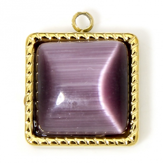 Imagen de 1 Unidad Enchapado al Vacío Ecológico 304 Acero Inoxidable & Piedra Elegante Colgantes Cuadrado Chapado en Oro Púrpura 14.5mm x 12.5mm