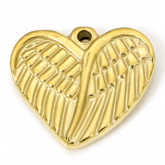 Immagine di 1 Pz Placcatura Sottovuoto Ecologica 304 Acciaio Inossidabile Elegante Ciondoli Cuore Oro Placcato Ali 18.5mm x 16mm