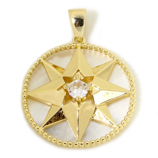 Picture of 1 Piece Eco-friendly Natural Shell & Brass Galaxy Charm Pendant 18K Real Gold Plated Round Star Clear Rhinestone 26mm x 20mm