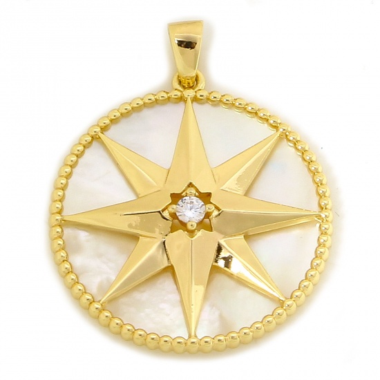 Picture of 1 Piece Eco-friendly Natural Shell & Brass Galaxy Pendants 18K Real Gold Plated Round Star Clear Rhinestone 3.2cm x 2.5cm