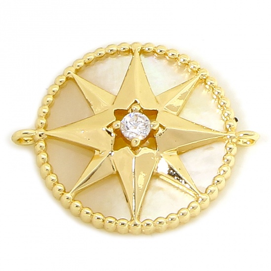 Picture of 1 Piece Eco-friendly Natural Shell & Brass Galaxy Connectors Charms Pendants 18K Real Gold Plated Round Star Clear Rhinestone 19mm x 16mm