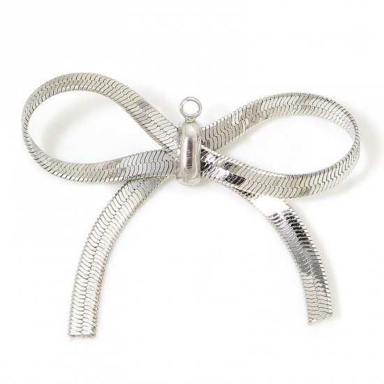 Picture of 1 Piece Eco-friendly Brass Clothes Charms Real Platinum Plated Bowknot 3D