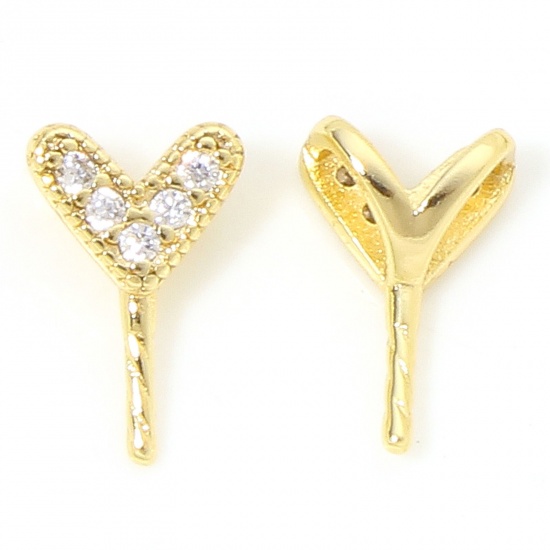 Immagine di 2 Pz Ecologico Ottone San Valentino Connettore Ciondolo Perla Bail Pin Cap 18K Vero Oro Placcato Cuore Trasparente Cubic Zirconiae 10mm x 6.5mm, Spessore dell'ago: 0.9mm