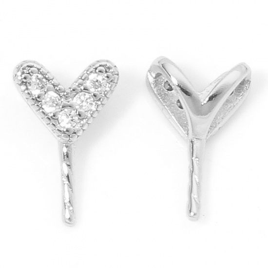 Immagine di 2 Pz Ecologico Ottone San Valentino Connettore Ciondolo Perla Bail Pin Cap Vero Platino Placcato Cuore Trasparente Cubic Zirconiae 10mm x 6.5mm, Spessore dell'ago: 0.9mm