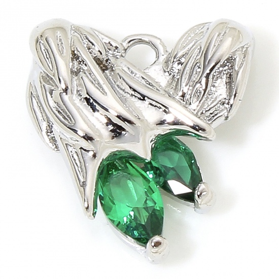 Immagine di 1 Pz Ecologico Ottone San Valentino Ciondoli Cuore Vero Platino Placcato Ali Verde Strass 13mm x 12mm