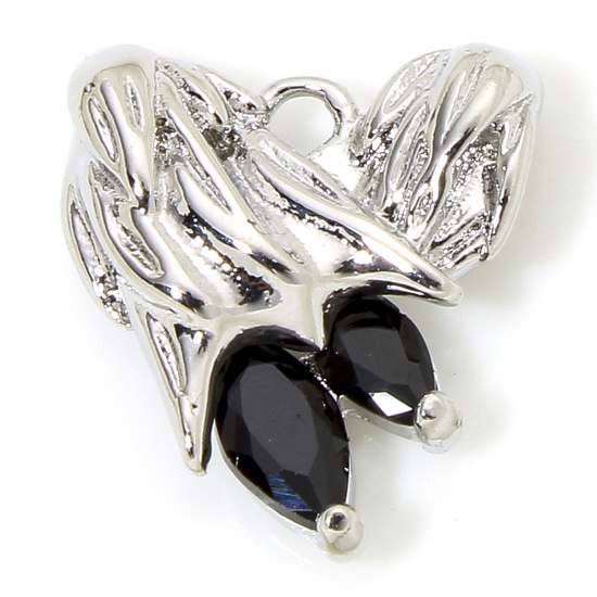 Immagine di 1 Pz Ecologico Ottone San Valentino Ciondoli Cuore Vero Platino Placcato Ali Nero Strass 13mm x 12mm