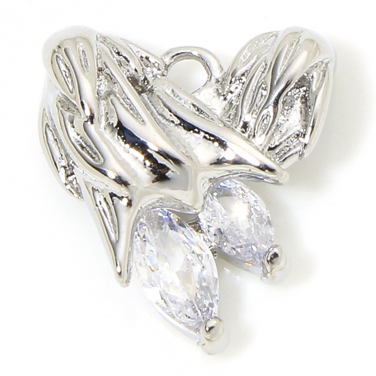 Immagine di 1 Pz Ecologico Ottone San Valentino Ciondoli Cuore Vero Platino Placcato Ali Trasparente Strass 13mm x 12mm