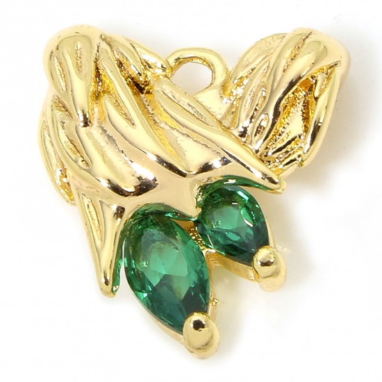 Immagine di 1 Pz Ecologico Ottone San Valentino Ciondoli Cuore 18K Vero Oro Placcato Ali Verde Strass 13mm x 12mm