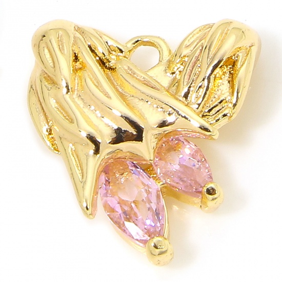 Immagine di 1 Pz Ecologico Ottone San Valentino Ciondoli Cuore 18K Vero Oro Placcato Ali Roso Strass 13mm x 12mm