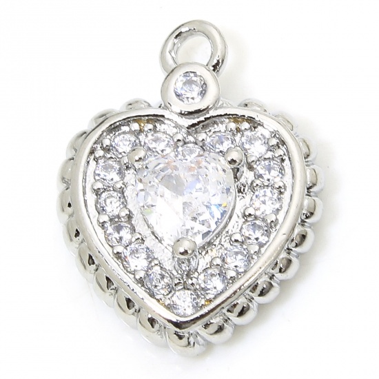 Immagine di 1 Piece Eco-friendly Brass Valentine's Day Charms Real Platinum Plated Heart Micro Pave Clear Cubic Zirconia 14mm x 11mm