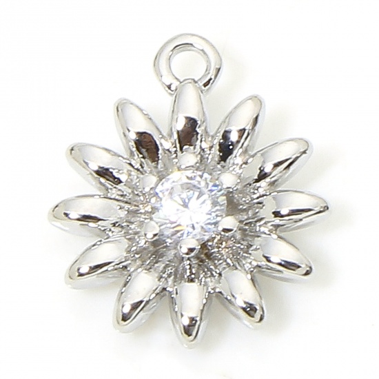 Immagine di 2 PCs Eco-friendly Brass Charms Real Platinum Plated Daisy Flower Clear Cubic Zirconia 11mm x 9.5mm