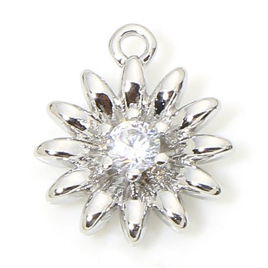 Picture of 2 PCs Eco-friendly Brass Charms Real Platinum Plated Daisy Flower Clear Cubic Zirconia 11mm x 9.5mm