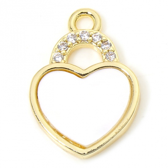 Picture of 1 Piece Eco-friendly Natural Shell & Brass Valentine's Day Charms 18K Real Gold Plated Heart Micro Pave Clear Cubic Zirconia 14mm x 10mm