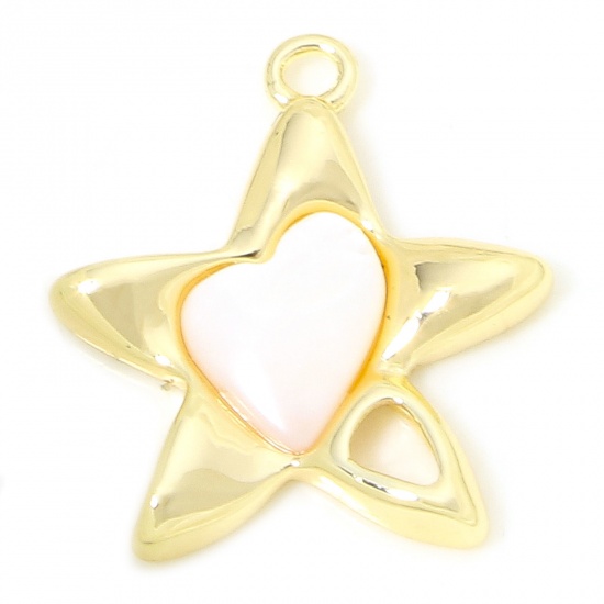 Picture of 1 Piece Eco-friendly Natural Shell & Brass Charms 18K Real Gold Plated Star Fish Heart 19mm x 17mm