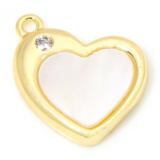 Picture of 1 Piece Eco-friendly Natural Shell & Brass Valentine's Day Charms 18K Real Gold Plated Heart 16mm x 14.5mm