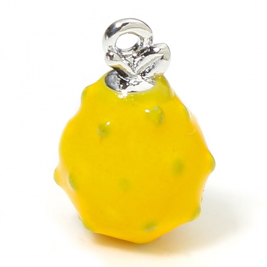 Picture of 1 Piece Eco-friendly Brass Charms Real Platinum Plated Yellow Fruit 3D Enamel 12mm x 8mm