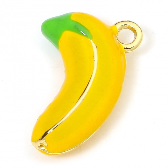 Picture of 1 Piece Eco-friendly Brass Charms 18K Real Gold Plated Yellow Banana Fruit 3D Enamel 14.5mm x 10mm